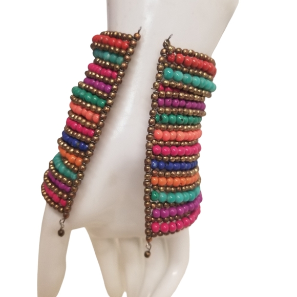 VINTAGE TALL HANDMADE MULTICOLOR SEED BEAD ETHNIC BOHO STATEMENT CUFF BRACELET - Picture 3 of 6